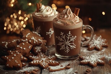 Hot Chocolate with Whipped Cream and Cinnamon in Glass Mugs. AI generated illustration