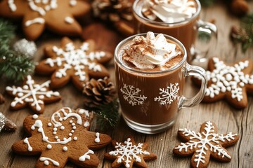 Hot Chocolate with Whipped Cream and Cinnamon in Glass Mugs. AI generated illustration