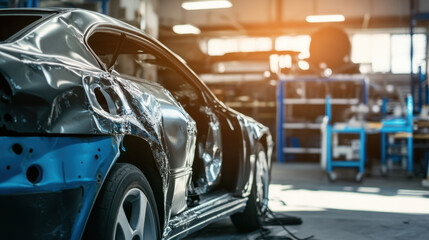 Damaged car in auto repair shop, showcasing minor bodywork issues and busy workshop environment. scene conveys sense of repair and restoration