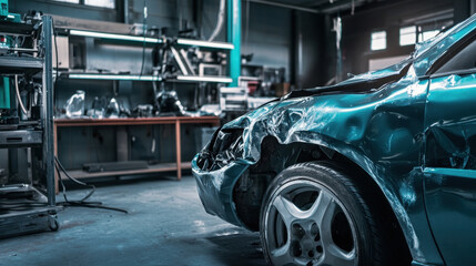 Fototapeta premium Damaged car in workshop with tools and equipment in background, showcasing minor dents and scratches. scene conveys sense of repair and restoration