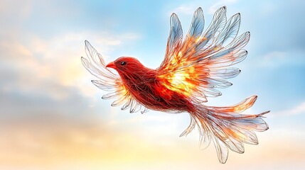 Obraz premium The photo collage depicts a fiery red bird with flaming feathers, soaring through the sky with intricately detailed wire wings that give the impression of strength and resilience