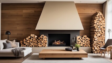 Stacks of wood in a decorative fireplace in a comfortable living area-