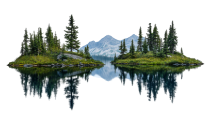 Lake landscape surrounded by pine forest transparent background