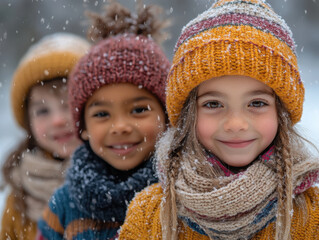Four children smiling in winter attire, surrounded by falling snowflakes, radiating joy and warmth. Their colorful hats and scarves add cheerful touch to snowy landscape