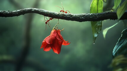 Two ants on a branch near a drooping red flower.