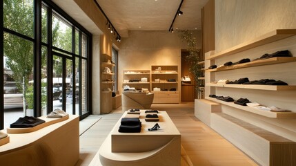 Minimalist retail store interior with wooden shelves, displaying apparel and shoes.  Natural light streams in from large windows.