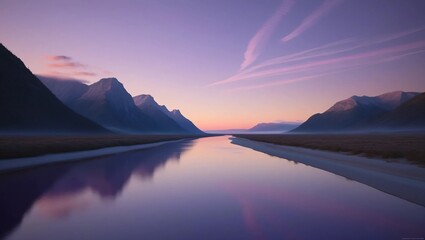 Obraz premium AI GENERATE background, A wide river at dusk, surrounded by distant mountains, a soft purple sky above