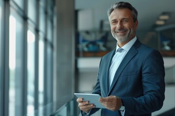 Fototapeta premium Happy middle aged CEO in office using digital tablet.