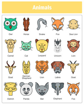 A set of 20 animals icons as owl, horse, snake