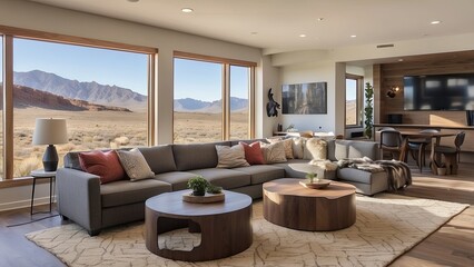 Fototapeta premium Overview of the living area, including the table, couches, television, and