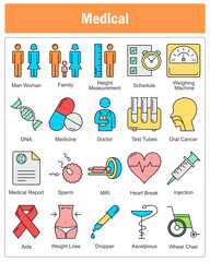 A set of 20 medical icons as man woman, family, height mesurement