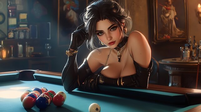 Elegant woman at a pool table in a dimly lit bar.