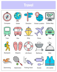 A set of 20 travel icons as compass, globe, direction