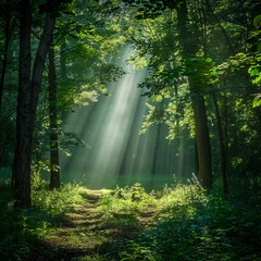 Obraz premium Sunlight in a Green Forest: Beautiful rays of sunlight filtering through a lush green forest, creating a serene and magical natural scene.