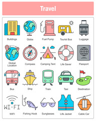 A set of 20 travel icons as buildings, globe, fuel pump