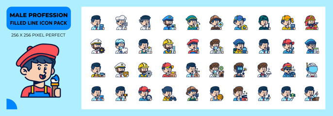 Male Profession Filled Line Icons Pack, Contain Such as Electrician, Archeologist, Architect, Gamer and More