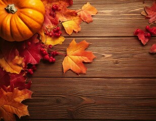 Top view of Autumn maple leaves with Pumpkin and red berries on old wooden background. Thanksgiving day concept