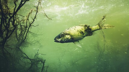 Obraz premium Dead fish floating in green-tinted water with dead trees in an unappealing landscape. AI generated illustration