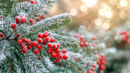 Close-up of red holly berries and snow-covered spruce branches in a winter forest. AI generated illustration