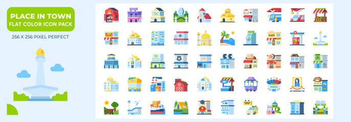 Place In Town Flat Icons Pack, Contain Such as Station, Fire Station, Zoo and More