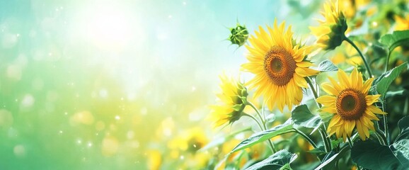 Sunflowers on a green background with copy space for text, perfect for a spring or summer banner. AI generated illustration