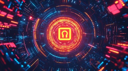 Obraz premium An abstract representation of cybersecurity with a glowing digital lock surrounded by binary codes, data streams, and circuit board patterns in a dark tech environment