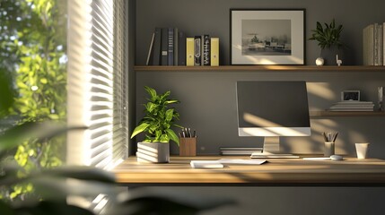 Modern Home Office Design with Wooden Desk and Bright Daylight. AI generated illustration