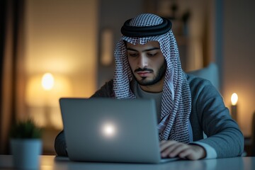 A young Middle Eastern man wearing a traditional keffiyeh sits at his desk, working on a laptop in a modern home office setting. Ideal for themes of remote work, technology