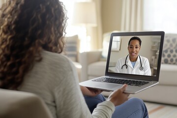A patient having a video call with a young African American female doctor in a white coat with a stethoscope. The doctor smiles warmly from the laptop screen