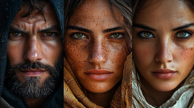 Realistic faces from around the globe in a detailed photo collage featuring deep shadows and highlights with diverse expressions 