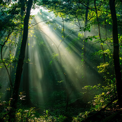 Fototapeta premium Sunlight in a Green Forest: Beautiful rays of sunlight filtering through a lush green forest, creating a serene and magical natural scene.
