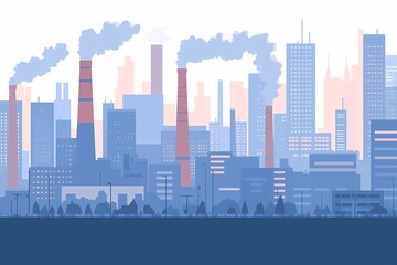 Naklejka premium Industrial skyline with smoky chimneys and urban buildings silhouette