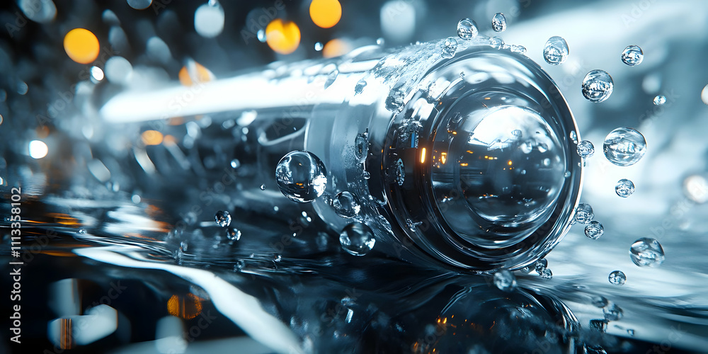 Poster A close-up of a transparent object submerged in water with bubbles and light reflections.