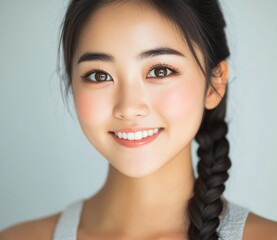 Naklejka premium A young Asian woman with Braided Hairstyle poses in a bikini against a white background. Her stylish swimwear and natural beauty are highlighted by the simplicity of the scene.