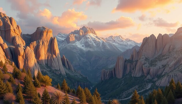 Majestic Mountains Sunset Golden Hues Alpine Landscape