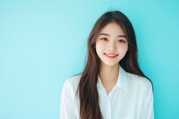 Beautiful Asian girl with long dark hair stands smiling warmly in front of a turquoise background. She is wearing a simple white shirt, exuding natural beauty and positivity.