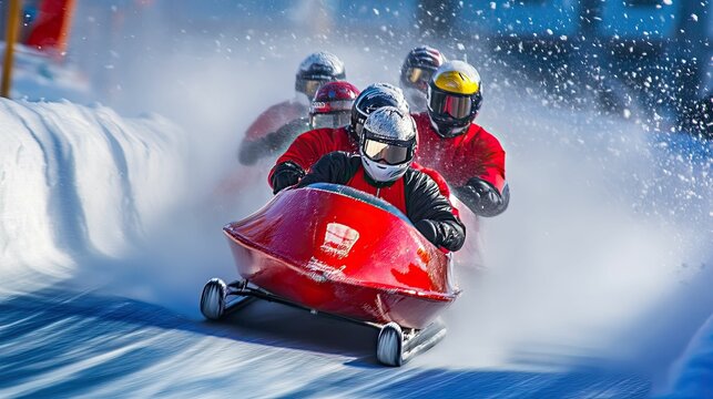 Bobsled team racing, snowy track, blurred motion.