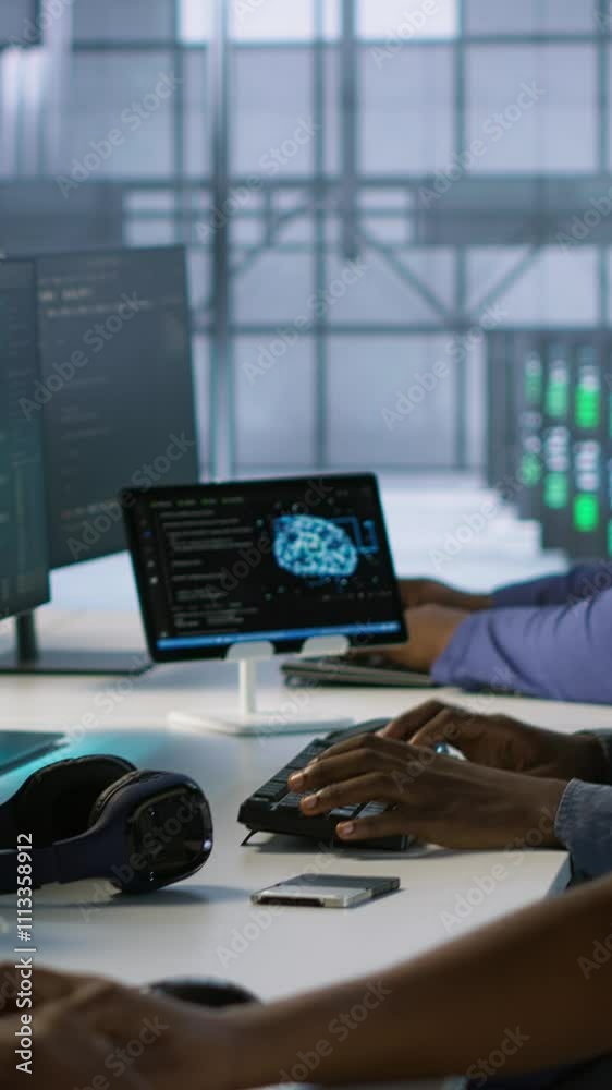 Poster vertical video computer scientists in data center implementing ai predictive maintenance systems. se