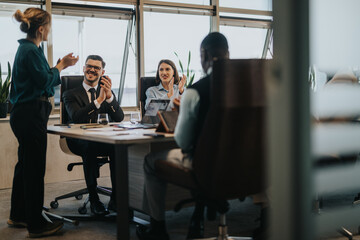 Fototapeta premium A diverse group of business people applauding during a meeting in a modern office setting, highlighting teamwork, collaboration, and successful communication.