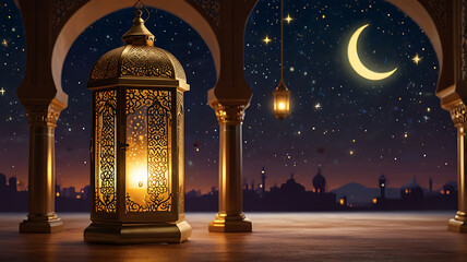 Arabic lantern of Ramadan celebration background illustration. Generative AI
