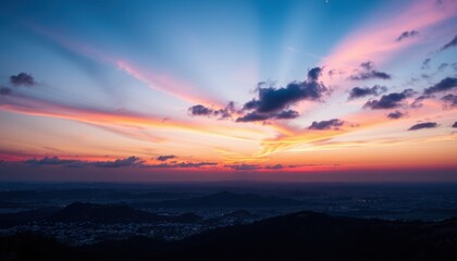 Fototapeta premium Serene Sunset Over Cityscape and Distant Mountains