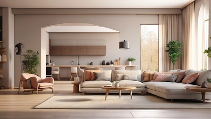 3D model of a home mockup with an interior background in the living room