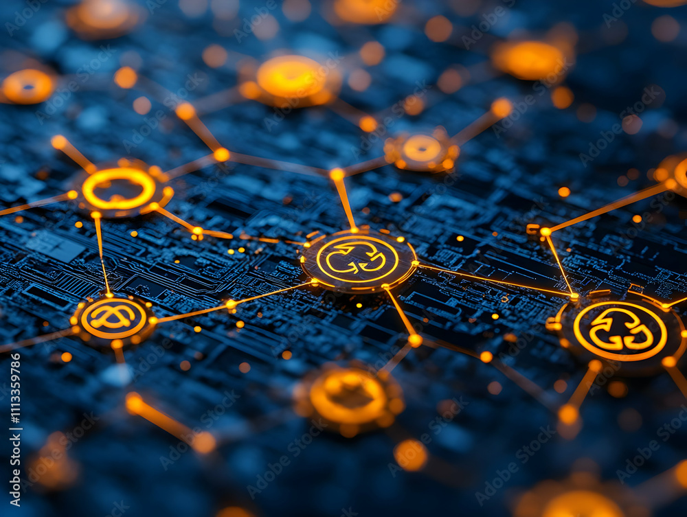 Poster Digital network visualization with glowing nodes and circuit patterns.