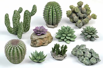 Colorful Variety of 3D Cacti and Succulent Plants Arrangement