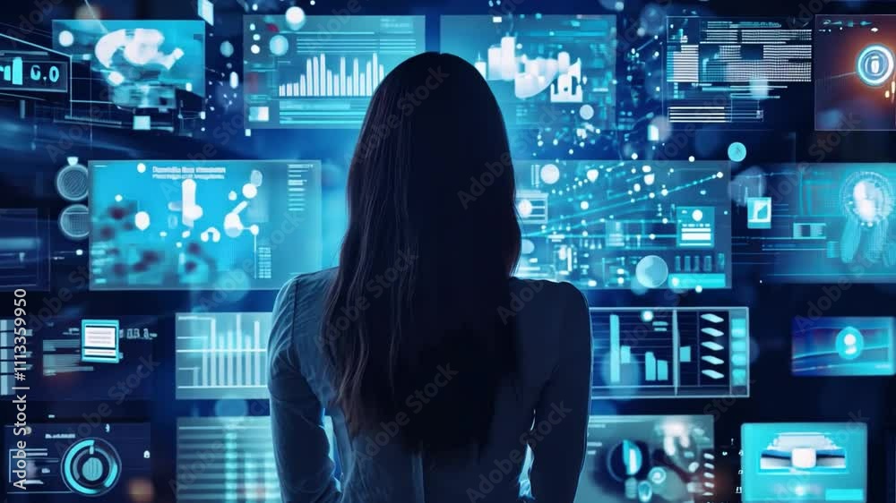 Poster a woman is looking at a computer screen with many different screens