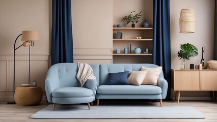 The interior of a comfortable living room with a beige sofa and a wooden cabinet next to a blue armchair