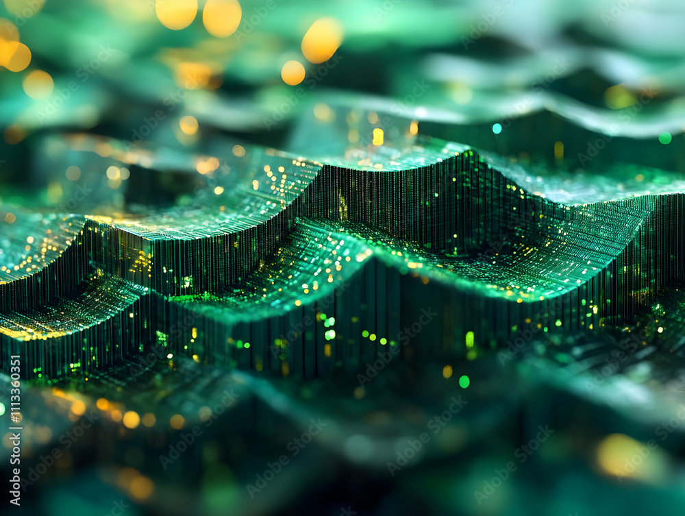 Poster abstract waves with shimmering green and gold highlights, suggesting depth and texture.