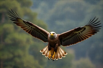 Obraz premium Majestic Bald Eagle in Flight Over Lush Green Forest