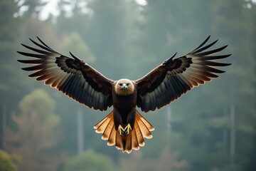 Obraz premium Majestic Golden Eagle in Flight Over Lush Forest