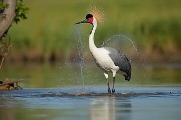 Fototapeta premium Grey Crowned Crane Splashing in Water
